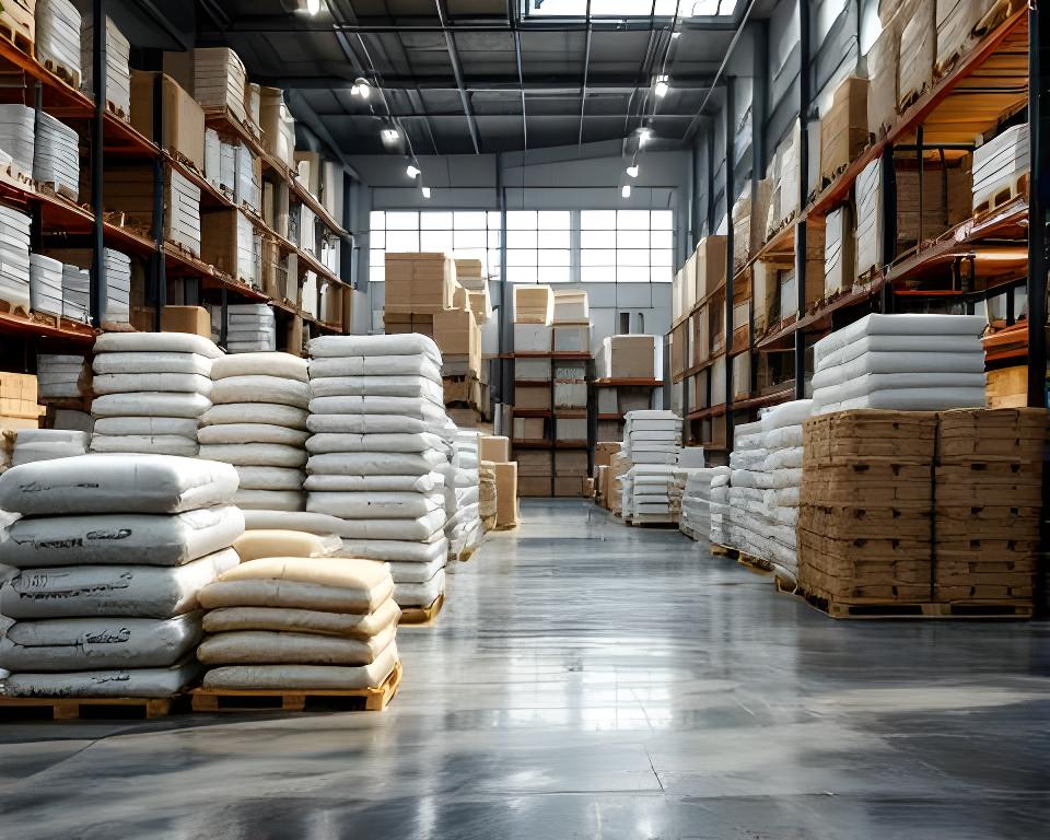 Bolsas de cemento apiladas en un depósito industrial con luz natural y pallets ordenados