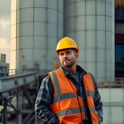 Responsable de planta con casco de seguridad frente a silos y cintas de producción