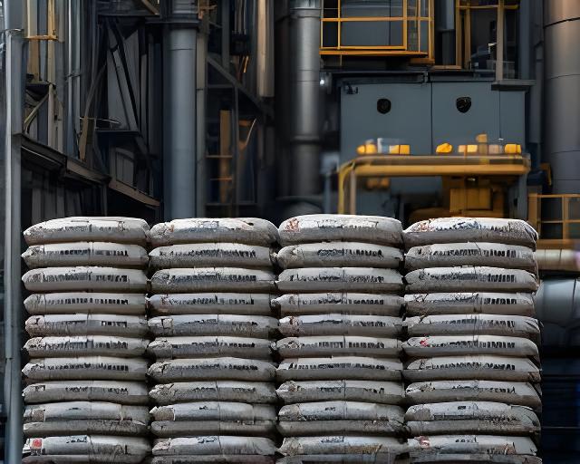 Sacos de cemento siderúrgico apilados cerca de una estructura metálica en ambiente industrial
