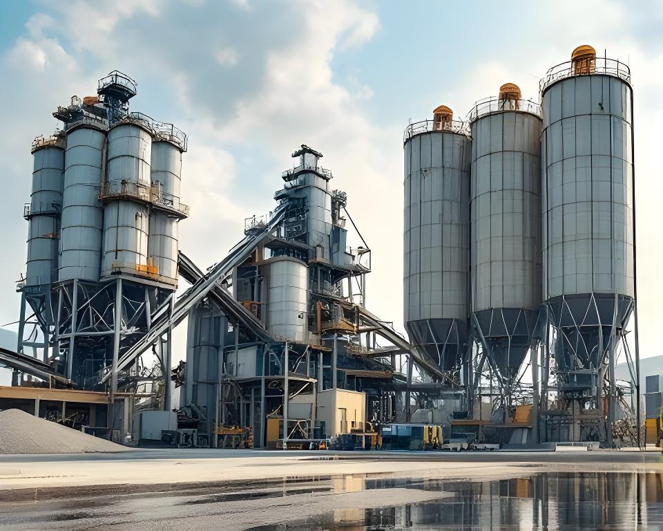 Planta cementera con silos, cinta transportadora y descarga de material en un entorno industrial iluminado